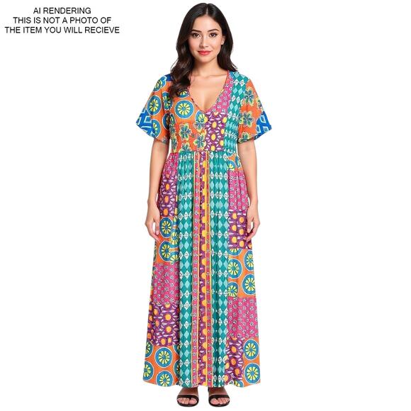 Maxi Dress Patchwork Boho Hippie Psychedelic Retro 70s Festival Colorful Medium - Picture 6 of 6